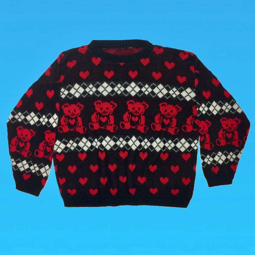Vintage Sz M 80s 90s teddy bear hearts sweater